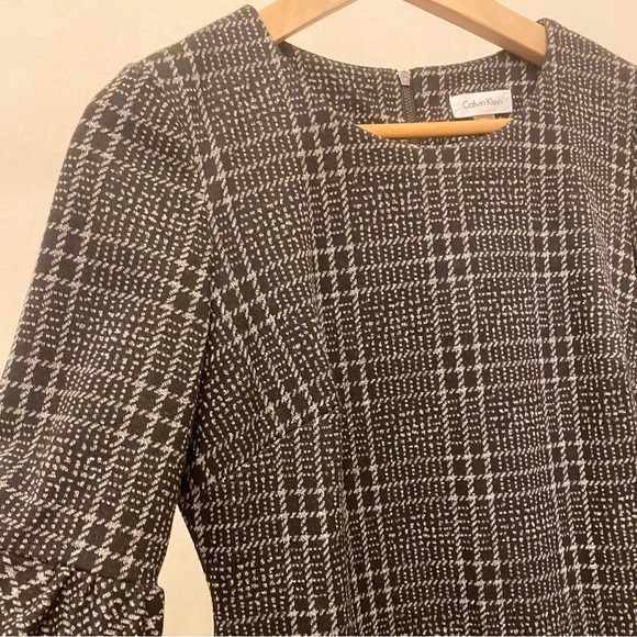 Calvin Klein 8 Bell Sleeve Shift Dress Tweed Black Gray Stretch Plaid Sheath - Picture 5 of 12